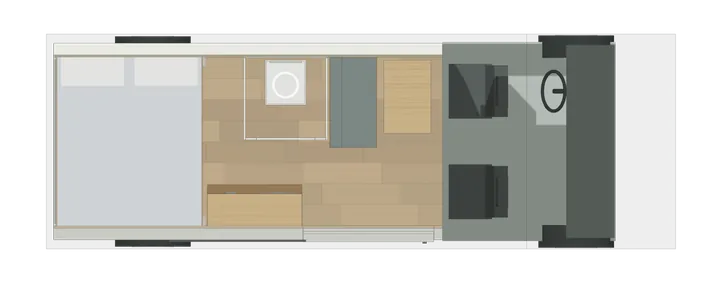Draufsicht: Querbett + Halbdinette + Bad im Ducato L3H2