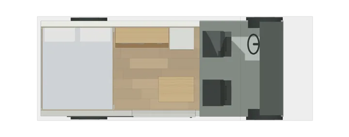 Draufsicht: Querbett + Küche + Sitzecke im Ducato L2H2