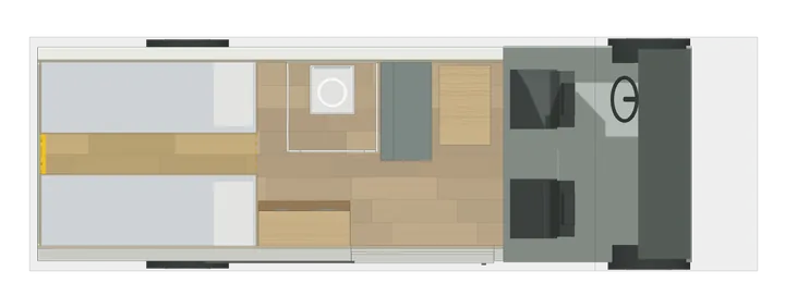 Draufsicht: Längsbetten + Halbdinette + Bad im Ducato L4H2