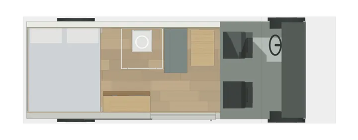 Draufsicht: Stockbett + Halbdinette + Bad im Ducato L3H2