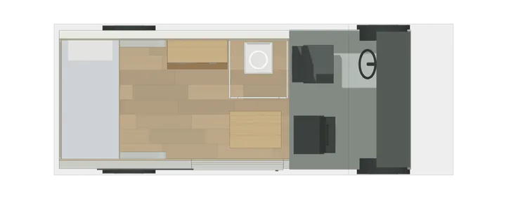 Draufsicht: Ausziehbares Querbett + Bad im Ducato L2H2