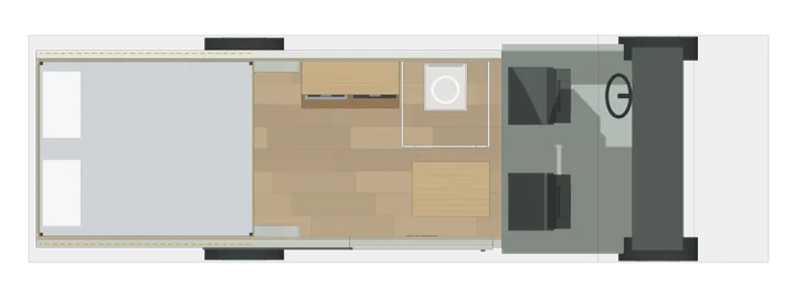 Draufsicht: Hubbett + hohe Heckgarage im Transit L4H3