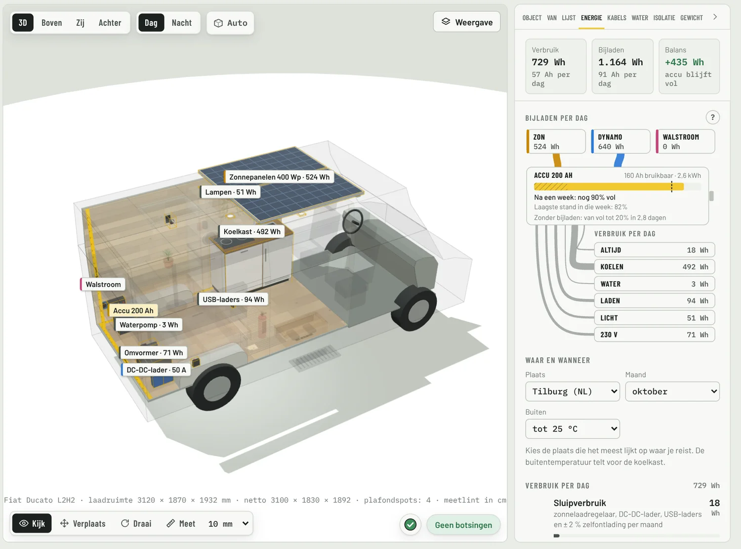 De builder met het tabblad Energie open: verbruik, bijladen en accu per dag, met labels per apparaat in 3D