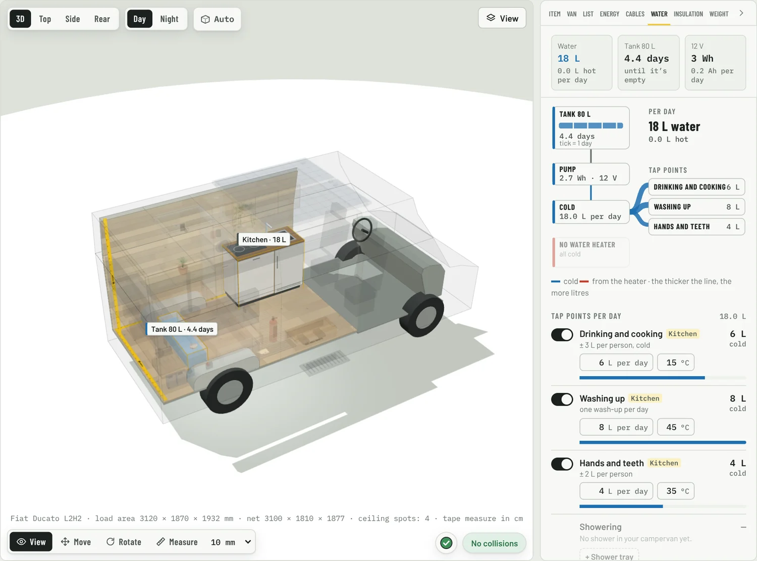 The builder with the Water tab open: tank, pump and taps per day