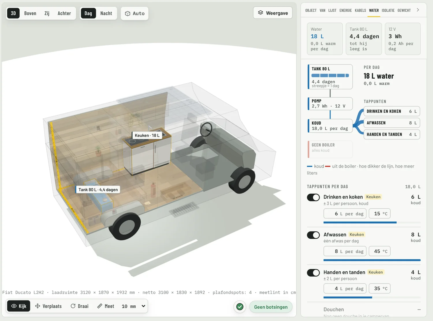 De builder met het tabblad Water open: tank, pomp en tappunten per dag